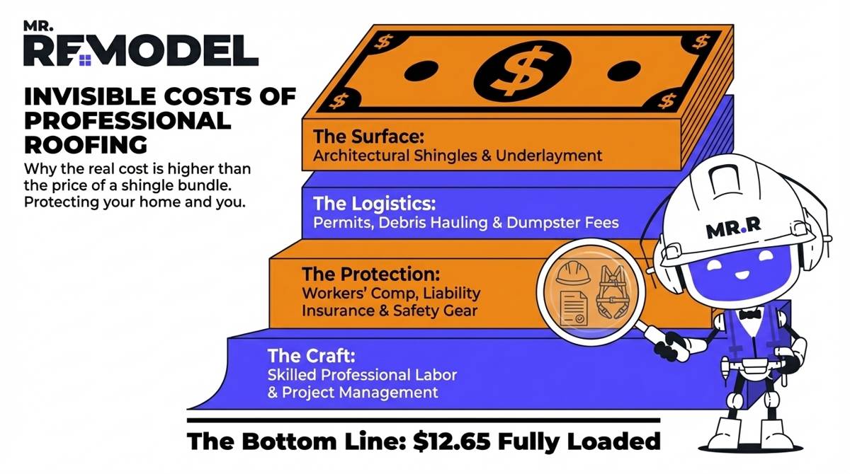 A 2026 roofing cost infographic breaking down the $12.65 per square foot average, showing how labor, permits, disposal, and insurance combine with material costs for a professional installation.